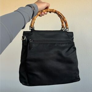 Authenticated Gucci Black Bamboo Handle Nylon Tote Handbag Bag with COA